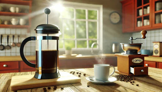 A French press filled with freshly brewed coffee on a wooden countertop in a bright kitchen.