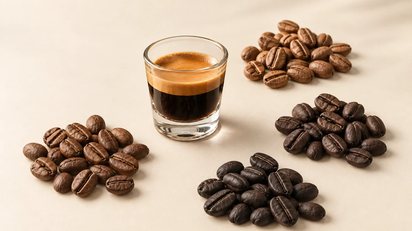 Different coffee roasts arranged around a glass of espresso