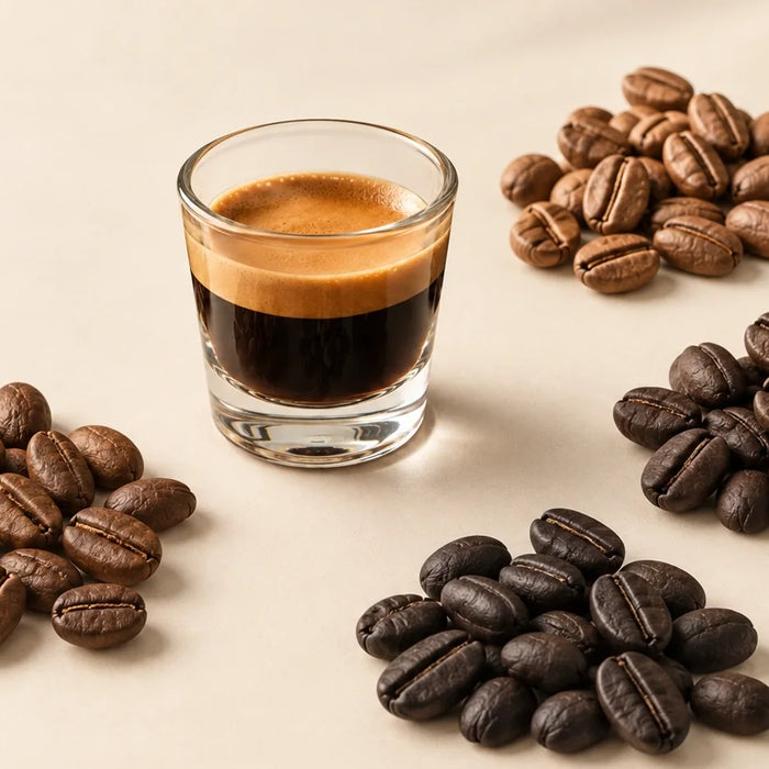 Different coffee roasts arranged around a glass of espresso
