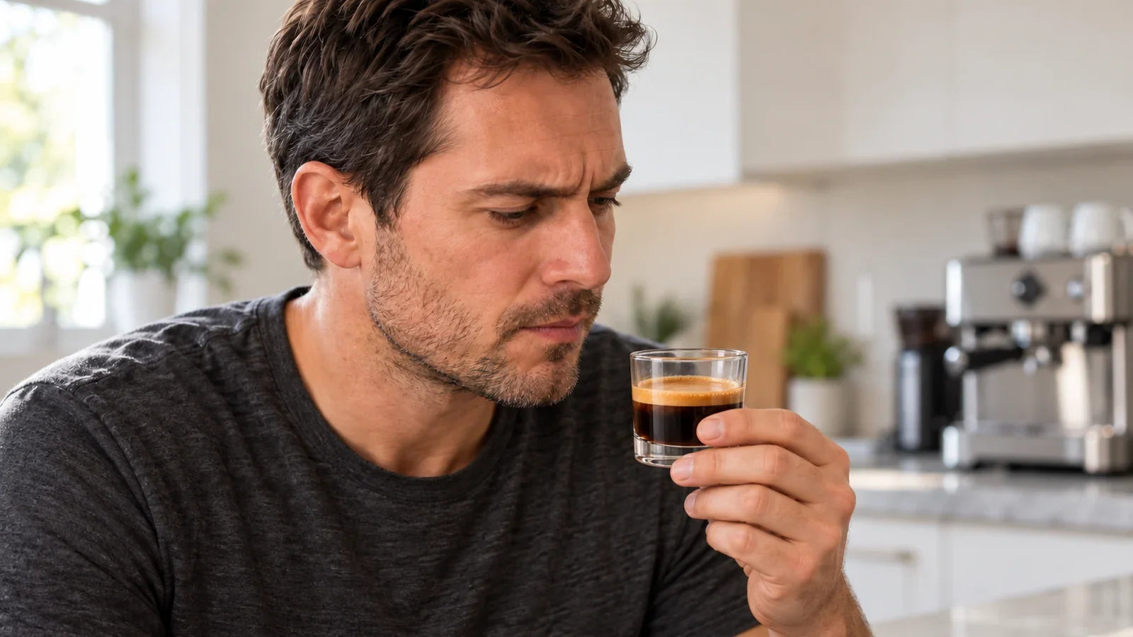 A man looking thoughtfully at a short glass of espresso after tasting it.
