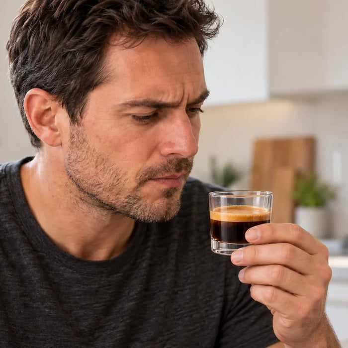 A man looking thoughtfully at a short glass of espresso after tasting it.