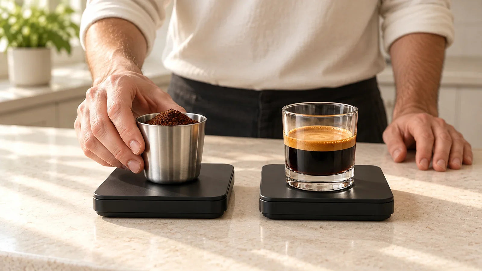 A person placing ground coffee on one scale beside espresso on a second scale.