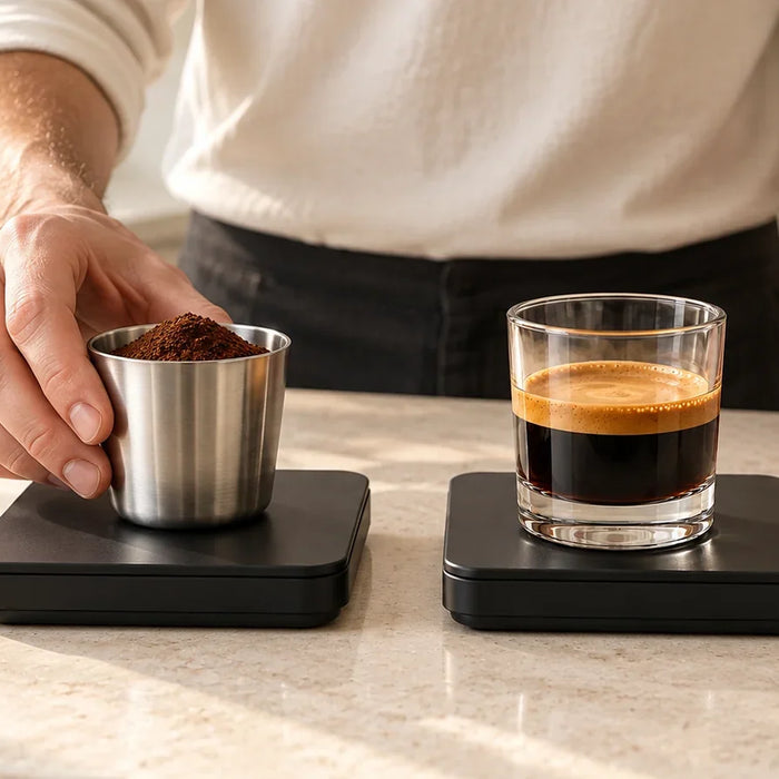 A person placing ground coffee on one scale beside espresso on a second scale.