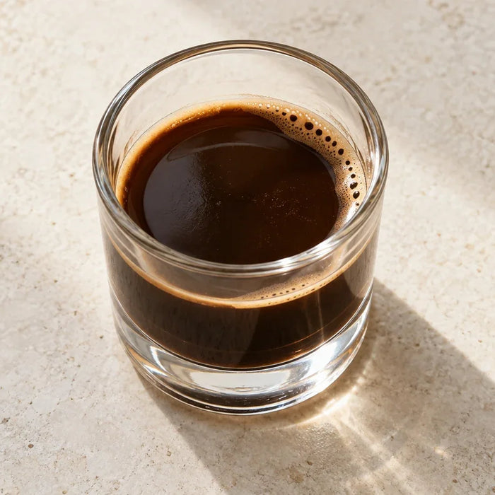 Espresso with a mostly exposed dark surface and a thin trace of crema in a short glass.