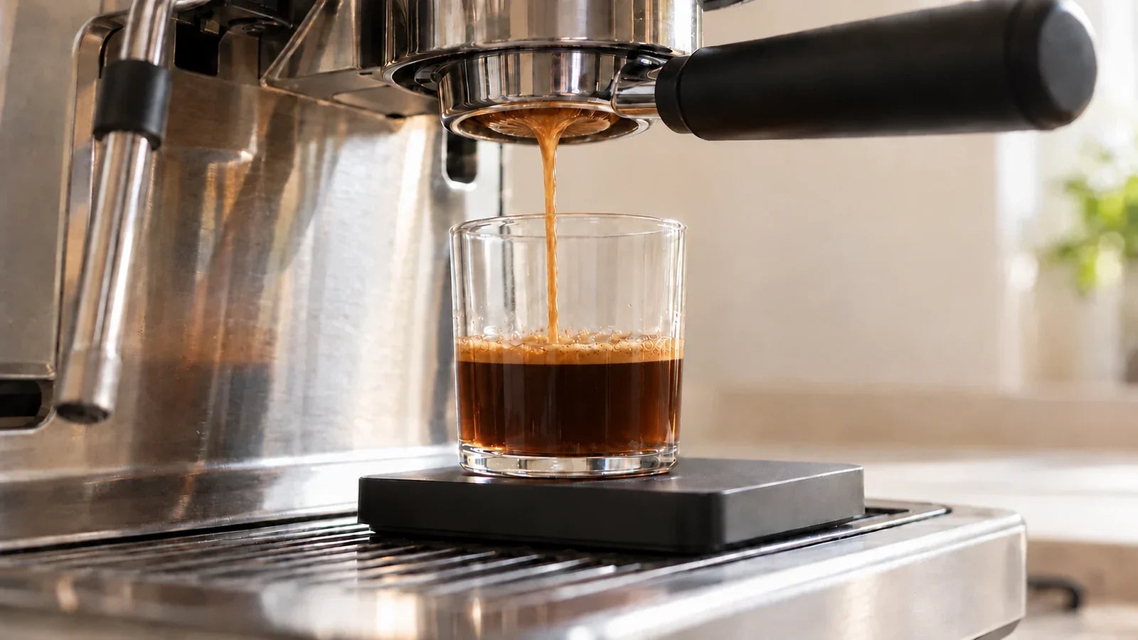 Espresso pouring into a short clear glass containing dark coffee and a thin crema layer.
