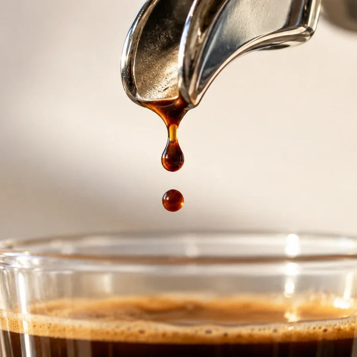 Close-up of separate espresso drops beneath a metal portafilter spout.
