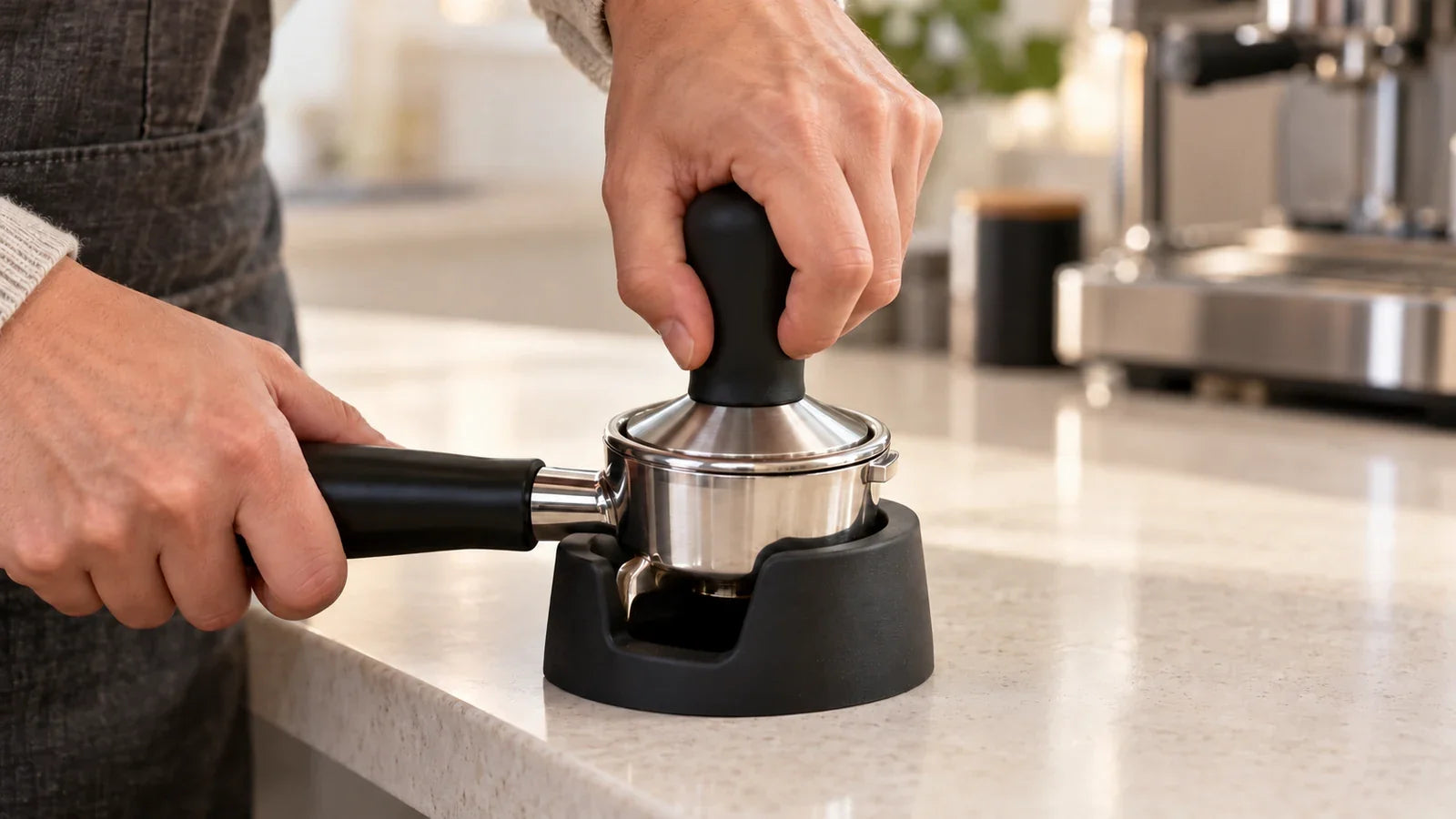 Hands pressing a tamper level into a supported espresso portafilter.