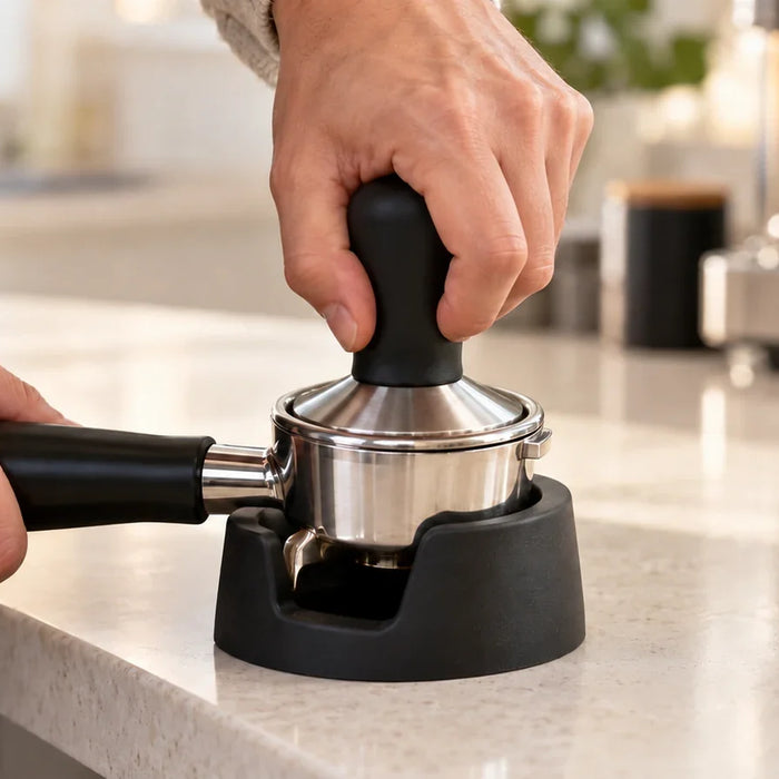 Hands pressing a tamper level into a supported espresso portafilter.