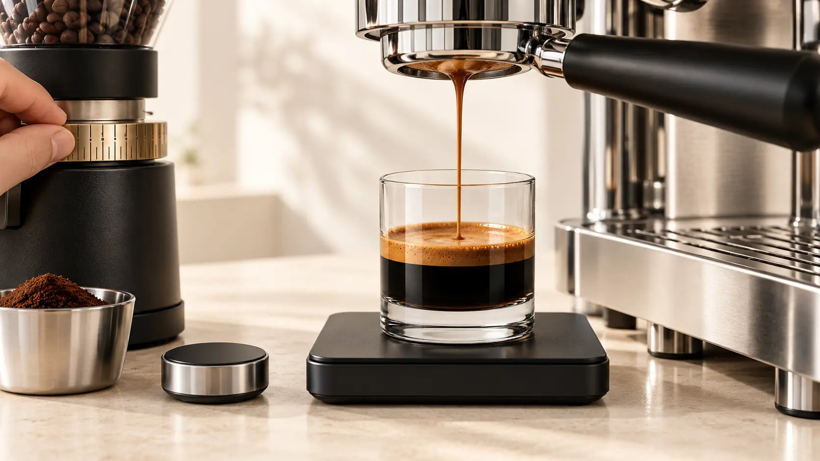 Espresso brewing into a short, straight-sided glass on a scale while a hand adjusts the grinder.