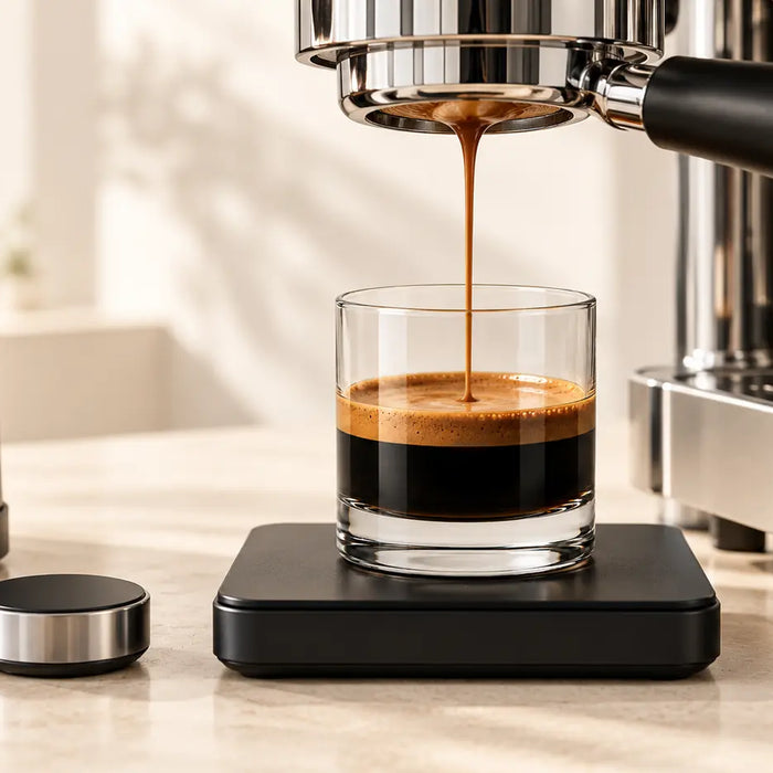 Espresso brewing into a short, straight-sided glass on a scale while a hand adjusts the grinder.