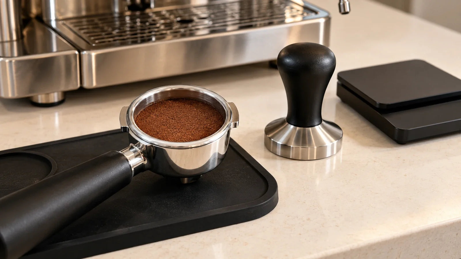 Prepared espresso puck in a portafilter beside a tamper and scale on an ivory countertop.