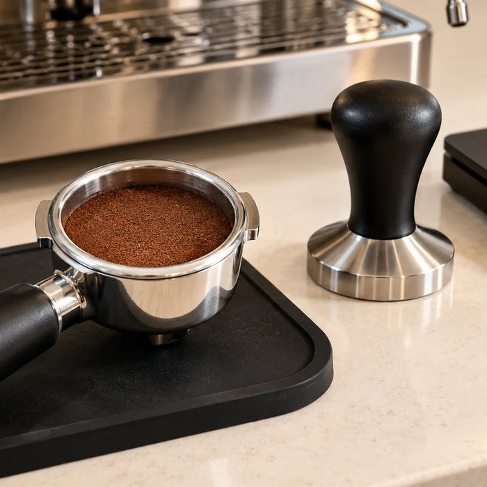 Prepared espresso puck in a portafilter beside a tamper and scale on an ivory countertop.
