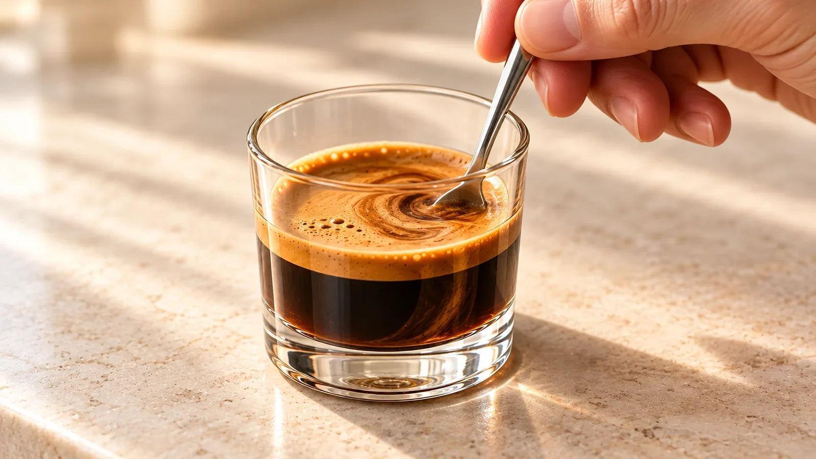 A hand stirring espresso in a short straight-sided glass with a small stainless spoon.