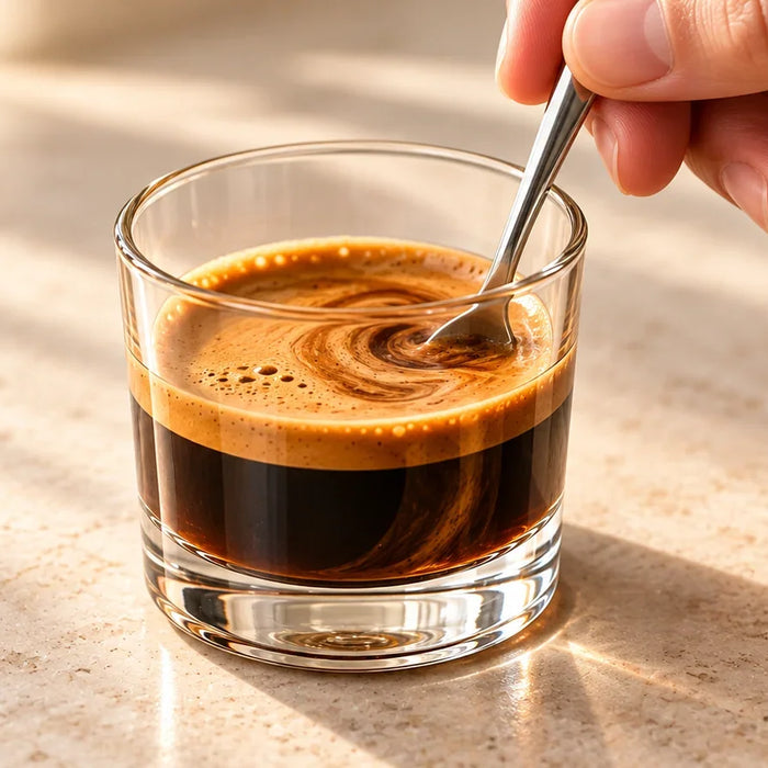 A hand stirring espresso in a short straight-sided glass with a small stainless spoon.