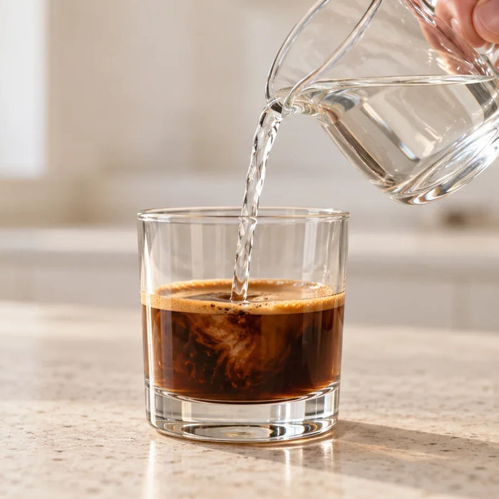 Water pouring from a small clear jug into espresso in a short straight-sided glass.