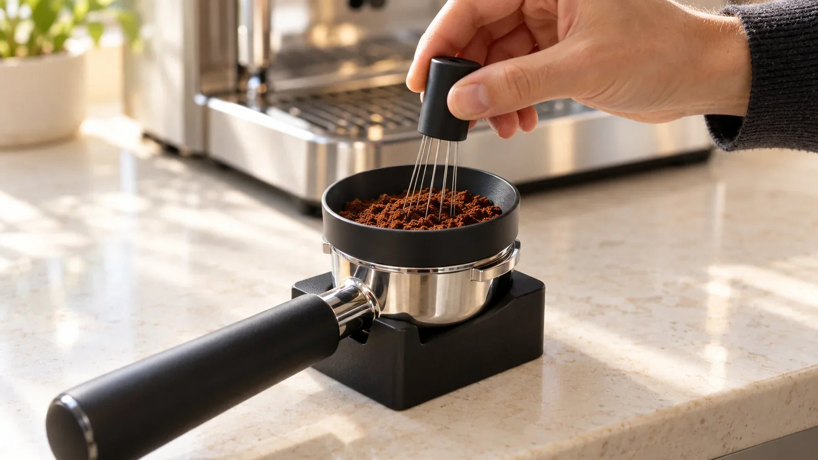 A hand using a fine-needle WDT tool in a portafilter fitted with a dosing funnel.