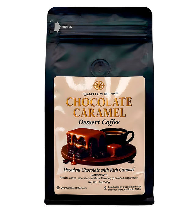Chocolate caramel flavored coffee bag on light background