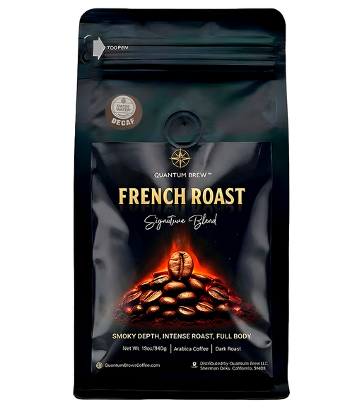 French Roast decaf coffee bag on light background