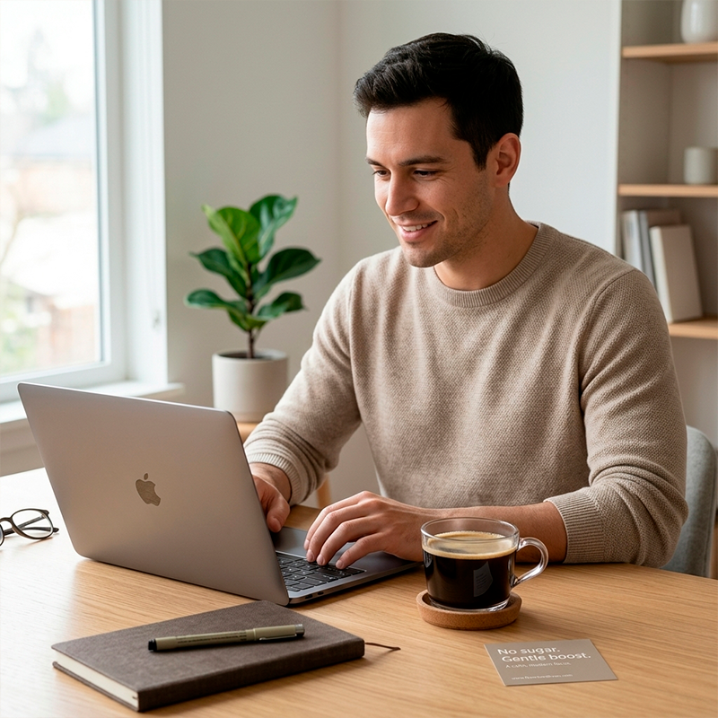 Man using a laptop with a cup of coffee and 'No Sugar. Gentle Boost.' sign on a desk.