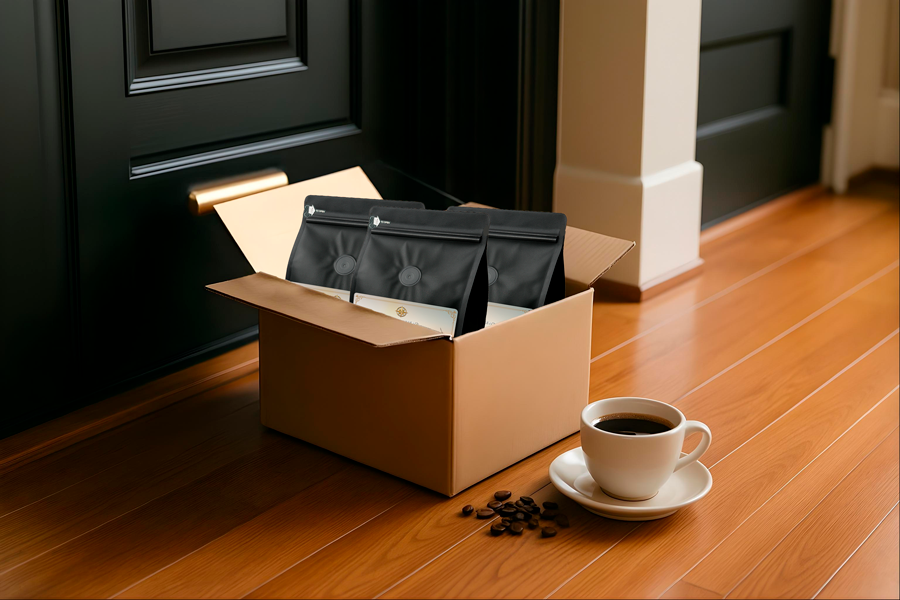 Coffee subscription boxes stacked with delivery calendar illustration
