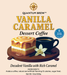 Quantum Brew Vanilla Caramel Dessert Coffee Label with a cup of coffee, cake, and vanilla flower on a beige background.