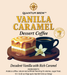 Vanilla Caramel dessert coffee Pods Label with a cup of coffee, cake, and vanilla flower on a beige background.