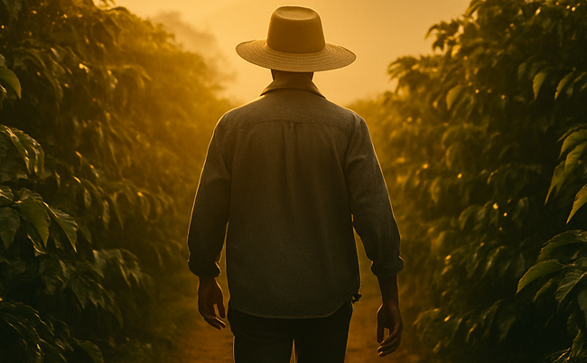 Person wearing a hat walking through a field with a warm, golden glow